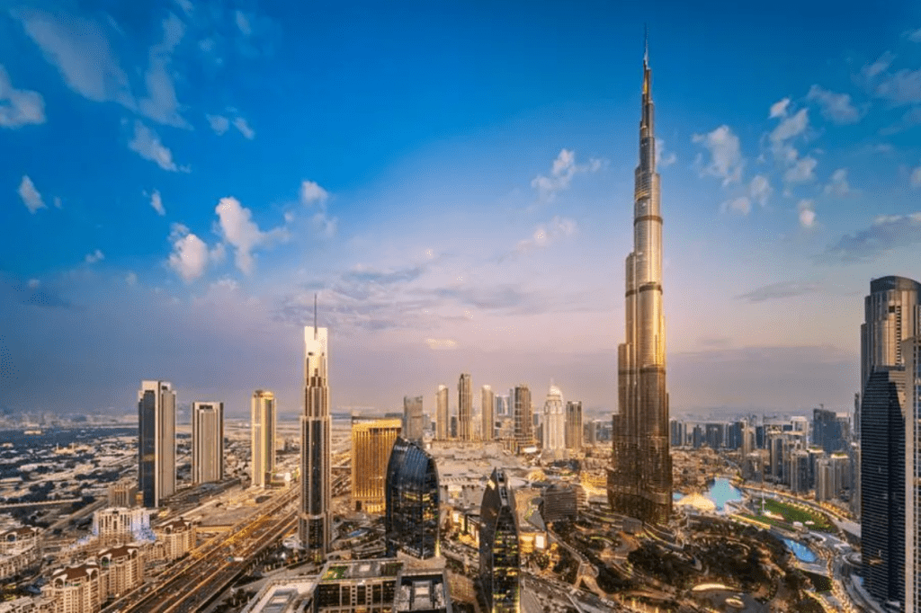 Aerial view of Dubai buildings during sunset, United Arab Emirates