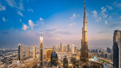 Aerial view of Dubai buildings during sunset, United Arab Emirates