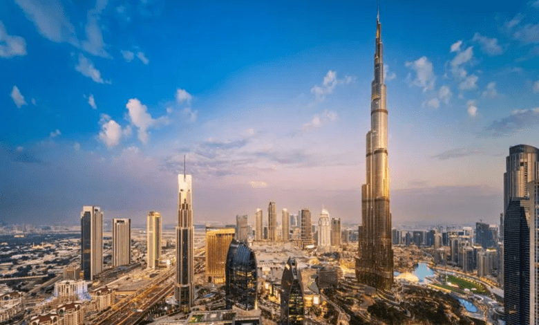 Aerial view of Dubai buildings during sunset, United Arab Emirates
