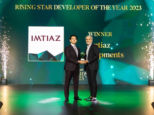 Masih Imtiaz, CEO of Imtiaz Developments, receives the Rising Star Developer of the Year at Bayut's annual award ceremony