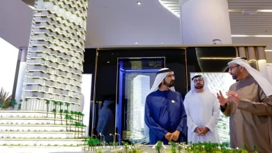 Mohammed bin Rashid Al Maktoum reviews the ‘1 Billion Meals Endowment’ tower, the UAE’s tallest endowment tower located on Sheikh Zayed Road. Developed at a cost of AED 800 million, the tower is part of the 1 Billion Meals Endowment initiative aimed at growing the endowment assets and achieve the highest returns to help provide a food safety net for tens of millions of people around the world. Image courtesy Dubai Media Office Twitter handle Source: Zawya.com