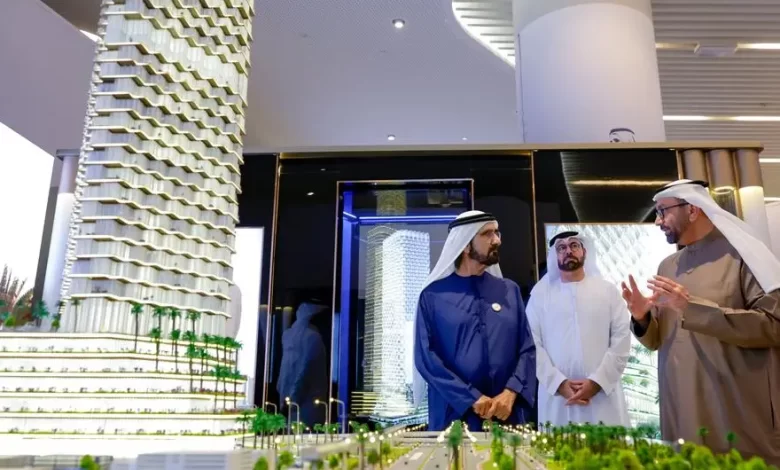 Mohammed bin Rashid Al Maktoum reviews the ‘1 Billion Meals Endowment’ tower, the UAE’s tallest endowment tower located on Sheikh Zayed Road. Developed at a cost of AED 800 million, the tower is part of the 1 Billion Meals Endowment initiative aimed at growing the endowment assets and achieve the highest returns to help provide a food safety net for tens of millions of people around the world. Image courtesy Dubai Media Office Twitter handle Source: Zawya.com
