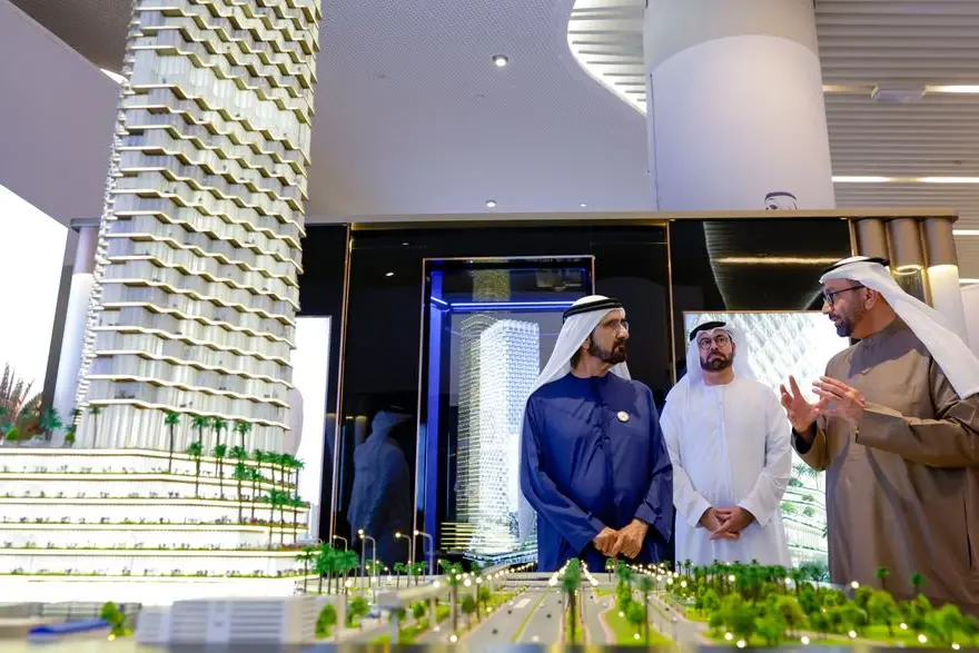 Mohammed bin Rashid Al Maktoum reviews the ‘1 Billion Meals Endowment’ tower, the UAE’s tallest endowment tower located on Sheikh Zayed Road. Developed at a cost of AED 800 million, the tower is part of the 1 Billion Meals Endowment initiative aimed at growing the endowment assets and achieve the highest returns to help provide a food safety net for tens of millions of people around the world. Image courtesy Dubai Media Office Twitter handle Source: Zawya.com