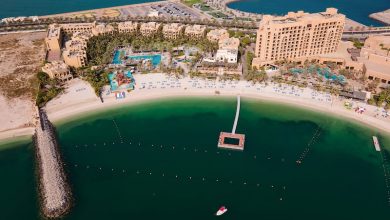 Aerial view of beach road and resorts of Al Marjan Island in Ras Al Khaimah. Getty