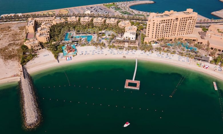 Aerial view of beach road and resorts of Al Marjan Island in Ras Al Khaimah. Getty