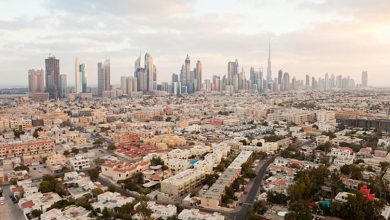 Elevated view of the new Dubai skyline including the Burj Khalifa on Sheikh Zayed Road, Dubai